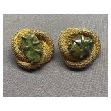 Signed Vintage Gold-Tone Clip-On Earrings with Green Stone