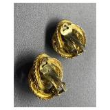 Signed Vintage Gold-Tone Clip-On Earrings with Green Stone