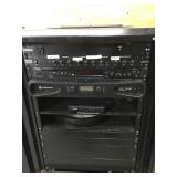 Lot of 3 - Sanus 34" Steel Cases on Casters with Stereo Mixers and a Cracked Samsung 49" Monitor