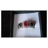 Tri-Gemstone Ring. Pink, Green, and blue gemstones.