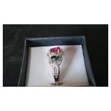 Tri-Gemstone Ring. Pink, Green, and blue gemstones.