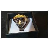 Charcoal Grey Colored Metal Ring with Lion Head Design.