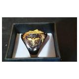 Charcoal Grey Colored Metal Ring with Lion Head Design.