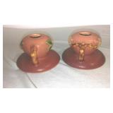 Vintage Roseville Pink Apple Blossom Ceramic Candle Holders (2).