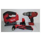 Milwaukee 18V ½ in. Hammer Drill/Driver, Jig saw, and 3/8 Right Angle Drill.