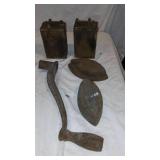Antique Sad Irons (2), Model T-Ford Ignition Coil (2) and Cast Iron Handle.