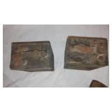 Antique Sad Irons (2), Model T-Ford Ignition Coil (2) and Cast Iron Handle.