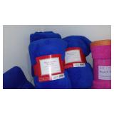 Micro Plush Throw Blankets (5) and Terry Towels (5) in Covered tote.
