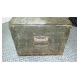 Vintage Footlocker, Sterilite Stackable Storage Bins, And Glass Top Coffee Table.