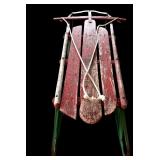 Vintage Red and Green Sleigh and Old Skates with Greens and Red Laces