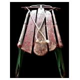 Vintage Red and Green Sleigh and Old Skates with Greens and Red Laces