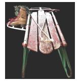 Vintage Red and Green Sleigh and Old Skates with Greens and Red Laces
