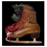 Vintage Red and Green Sleigh and Old Skates with Greens and Red Laces