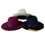 Three Beautiful Black, Cranberry and Cream Hats by Justin Taylor and Dynafelt Cattlemen