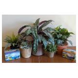 Decorative Faux Plants and Pair of Small Planters
