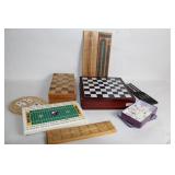 Collection of Board Games and Sets with Cribbage Boards, Chess, and Dominoes