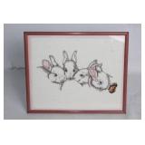 Framed Cross-Stitch Art Featuring Bunnies and Butterfly