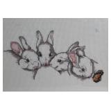 Framed Cross-Stitch Art Featuring Bunnies and Butterfly