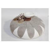Decorative Round Vase with Natural Feather Design - Artist Signed