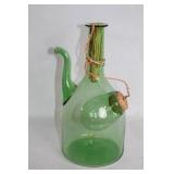 Vintage Green Blown Glass Wine Decanter with Wicker Accents