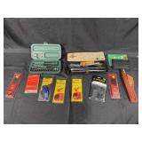 Collection of Hunting and Fire Arm Accessories Including Cleaning Kits and Sharpeners