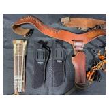 Collection of Hunting and Outdoor Gear with Leather Holster and Tools