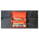 Red Metal Toolbox with Assorted Tools