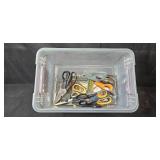 Collection of Scissors and Shears in Storage Bin