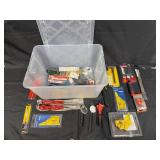 Assorted Hand Tools and Accessories in Storage Bin