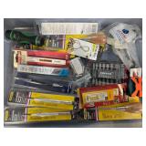 Assorted Hand Tools and Accessories in Storage Bin