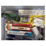 Assorted Hand Tools and Accessories in Storage Bin