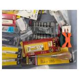 Assorted Hand Tools and Accessories in Storage Bin