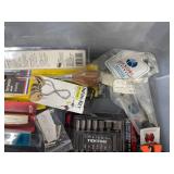 Assorted Hand Tools and Accessories in Storage Bin
