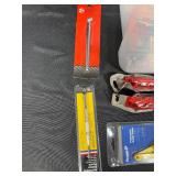 Assorted Hand Tools and Accessories in Storage Bin