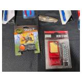 Assorted Tool Collection with Knives, Reamers, Sharpener, and Iron Stand