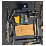 Collection of Vintage Knives, Tools, Lanyards, and Automobile Badges