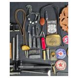 Collection of Vintage Knives, Tools, Lanyards, and Automobile Badges