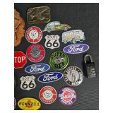 Collection of Vintage Knives, Tools, Lanyards, and Automobile Badges