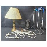 Home Essentials Lot: Brass Tone Lamp, Lantern, Grabbers, and Power Strips