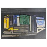 Collection of Drafting Tools including Vernier Caliper and Protractor