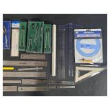 Collection of Drafting Tools including Vernier Caliper and Protractor