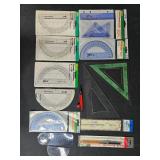 Collection of Drafting Tools including Vernier Caliper and Protractor