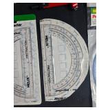 Collection of Drafting Tools including Vernier Caliper and Protractor