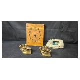 Lot of Panasonic Iron, Wood Wall Clock, and Brass Tone Cherub Bookends