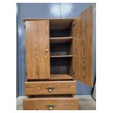 Oak Finish Wood Armoire with Shelves and Drawers