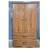 Oak Finish Wood Armoire with Shelves and Drawers