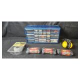 Set of Workshop Organizer with Drawer Contents, Hearing Protection, Rope, and Nylon Dock Lines