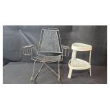 Vintage Metal Lawn Chair and Plastic Side Table/Stool