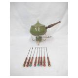 Vintage Green Fondue with Sterno with  8 wood Handled Fondue Forks