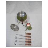 Vintage Green Fondue with Sterno with  8 wood Handled Fondue Forks